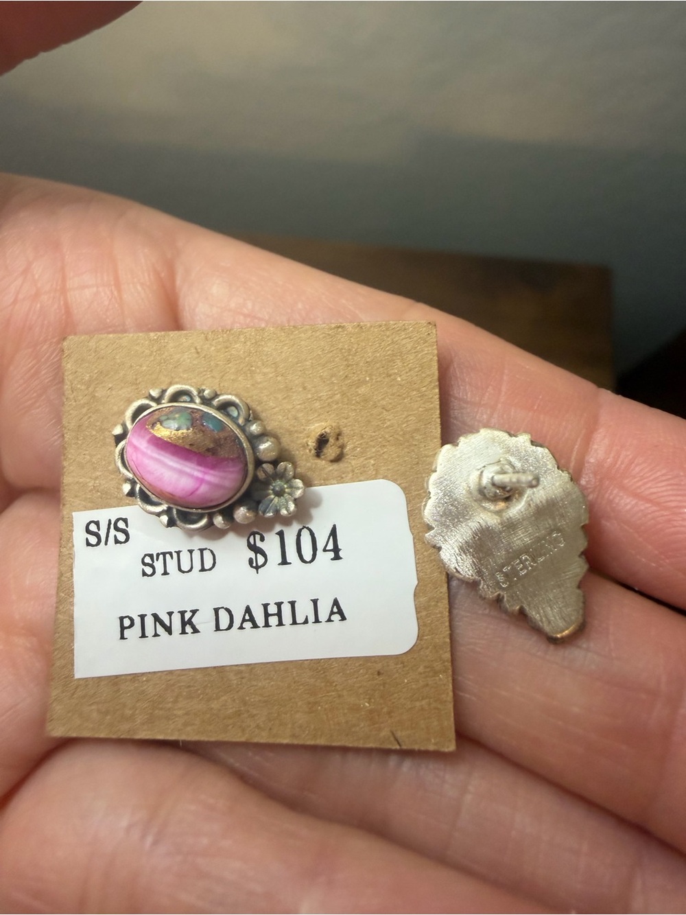 Pink Turquoise Dahlia Stud Earrings - Picture 4 of 6